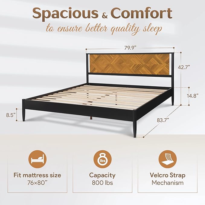 Lenia 14-Inch King Size Platform Bed Frame with Headboard – Heavy Duty Acacia Wood, Mid-Century Modern Style, 12 Strong Slats, No Box Spring Needed, Noise-Free, Easy Assembly, Teak Brown Finish
