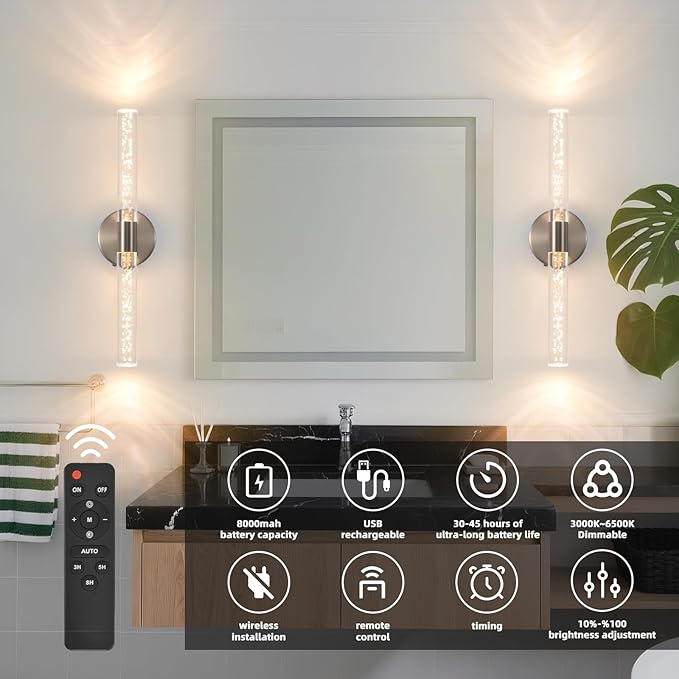 Modern LED Battery Operated Wall Sconces Set of Two, Dimmable Bathroom Crystal Wall Sconce, USB Rechargeable Brushed Nickel Vanity Wall Lamp, Bubble Wall Lights For Bedroom, Living Room. 20-Inch