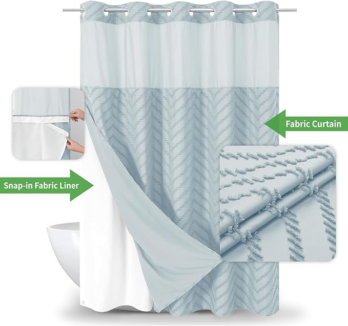 Extra Long No Hook Boho Farmhouse Shower Curtain with Snap-in Fabric Liner set-71Wx86H(84H),Tufted Chevron Striped Hotel Grade Cloth Shower Curtains for Bathroom,Water Repellent,Fog Blue
