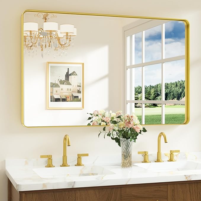Keonjinn Brushed Gold Bathroom Mirror 48 x 30 Inch Large Rounded Rectangle Vanity Mirror, Brass Gold Wall Mirror with Shatterproof HD Tempered Glass, Decorative Gold Framed Mirror(Horizontal/Vertical)