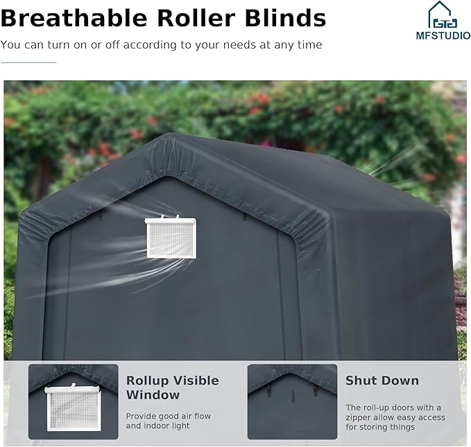 MFSTUDIO Outdoor Storage Sheds 8x12 ft, Portable Carport Shelter Garages Heavy Duty Canopy with Rolled up Zipper Doors,Outside Utility Shed Garage Tent for Motorcycle, Bicycles,Lawn mowers and Tools