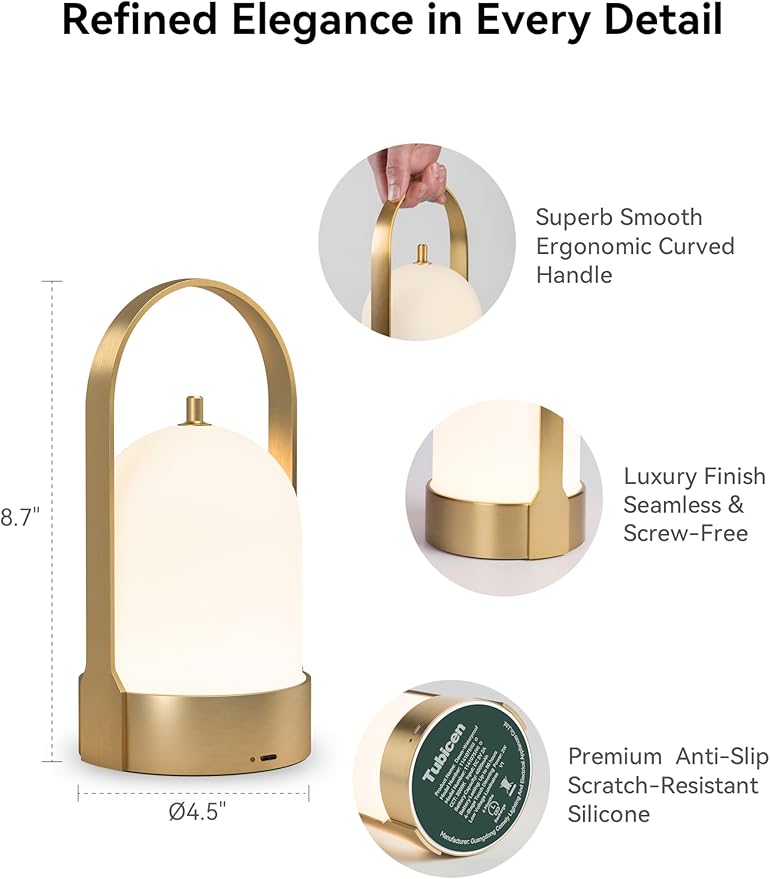 Tubicen Portable Lamp, Battery Operated Cordless Outdoor Table Lamps Rechargeable 4-Level Touch Dimmable IP44 Shower Lamp, Night Light for Patio Camping Dining Room Bedroom (Brass, Waterproof)