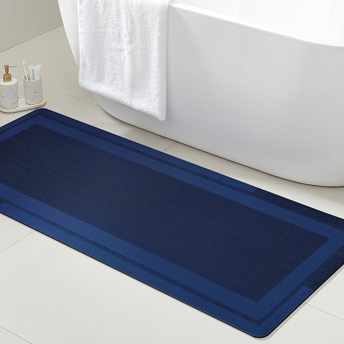 Ultra Thin Bath Mats Fit Under Door, Upgrade Backing Non Slip Bath Mat, Quick Dry Ultra Absorbent Bath Mat, Machine Washable Bathroom Rugs for Bathroom Floor, Bathtub, Kitchen, Dark Blue, 48"x20"