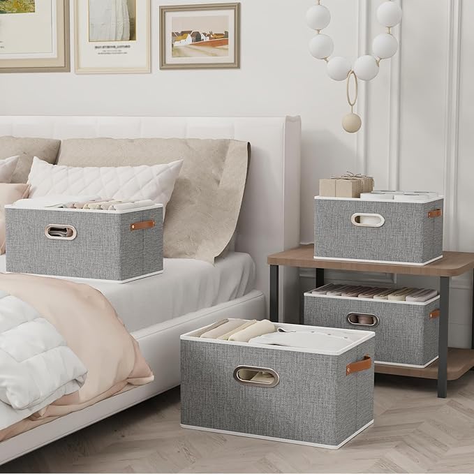 Yawinhe Fabric Storage Bins with Handles, Foldable Baskets for Shelves, Cubes with 3 Handles, Large Boxes for Clothes, Grey, 16.9''Lx11.8''Wx10.2''H, 4-Pack
