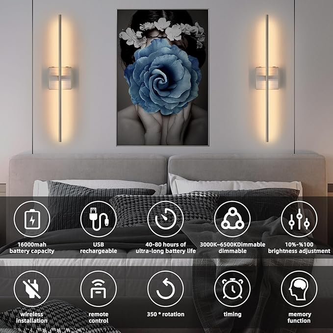 Rechargeable Battery Operated Wall Sconces set of 2, Brushed Nickel Wireless Wall Sconce with Remote Control, 3000K-6000K Dimmable LED Wall Light for Living Room Hallway Bedroom Stairs, 29 Inchs