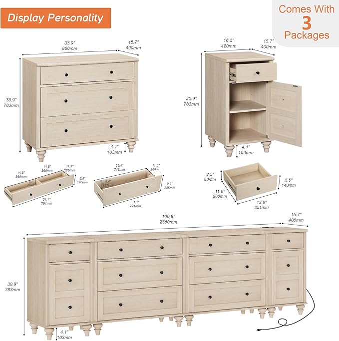 WAMPAT 100 inch TV Stand with 9 Drawers, TV Cabinet Entertainment Center for 75/80/85/90 Inch TV, Kids Dresser with 3 Drawers for Bedroom, Nightstands with Charging Station for Living Room, Light Oak