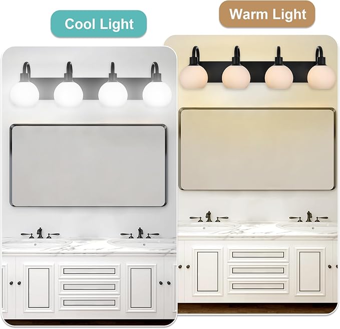 WINSEHN 28.7 Inch Black Bathroom Light Fixtures, 4-Lights Bathroom Vanity Light Over Mirror with Milk White Globe Glass, Modern Wall Mounted Vanity Light for Hallway Bedroom E26 Bulb Base