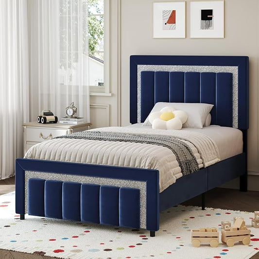HOMBCK Twin Bed Frame with Headboard and Footboard, Upholstered Bed Frame Twin Size with Diamond Design, No Box Spring Needed, Easy Assembly, Blue