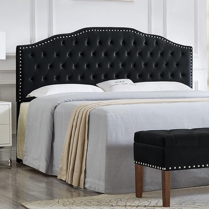 24KF Upholstered Button Tufted King Size Headboard with Nailhead Trim, Soft Velvet Fabric Headboard King/Cal King Size-Black