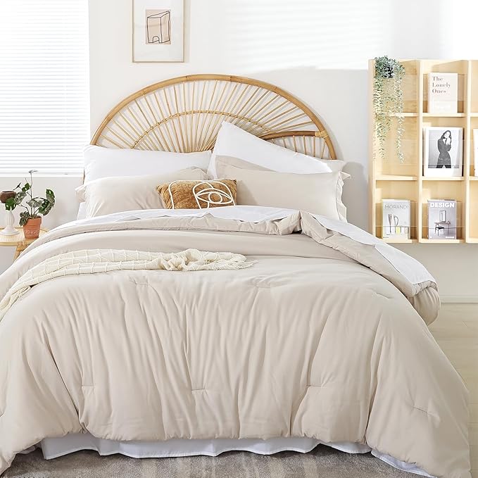 weigelia Twin Comforter Set 5 Pieces Beige Bed in A Bag Soft Queen Bedding Set Lightweight Comforter Set for Women and Men（Comforters, Flat & Fitted Sheets, Pillowcases & Shams）