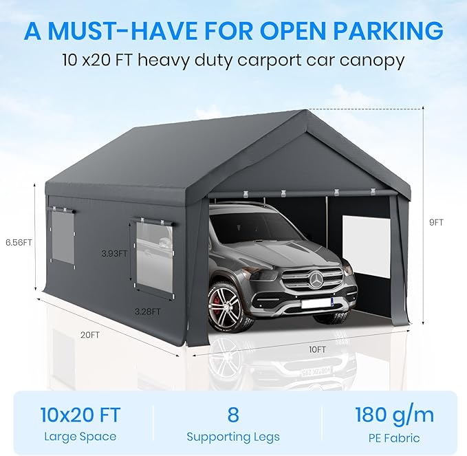 Carport 10x20 Heavy Duty Portable Garage,Carport Canopy with Roll-Up Windows & Doors,Portable Garages and Shelters with Removable Sidewalls,Car Tent Garage with All-Season Tarp for Tractor Bike Truck