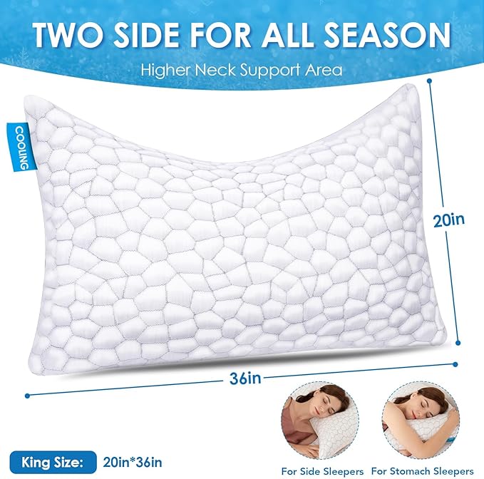 Side Sleeper Pillow for Adults, King Size Cooling Pillow for Neck and Shoulder Pain Relief, Adjustable Firm Soft Shredded Memory Foam Pillows for Side Back Stomach Sleepers, Bed Pillows for Sleeping