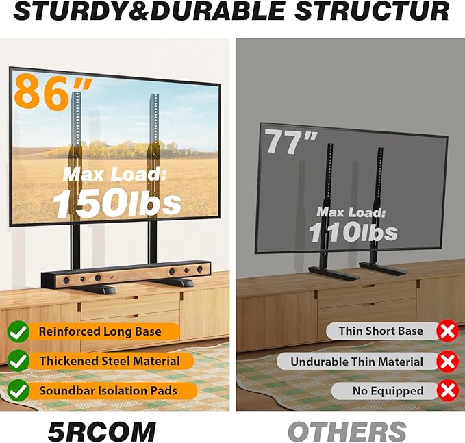 5Rcom Universal TV Stand, Large TV Legs for 37-86 Inch Flat Curved TVs with Cable Management, 6 Height Adjustment Table Top TV Mount Stand Up to 150lbs, Black