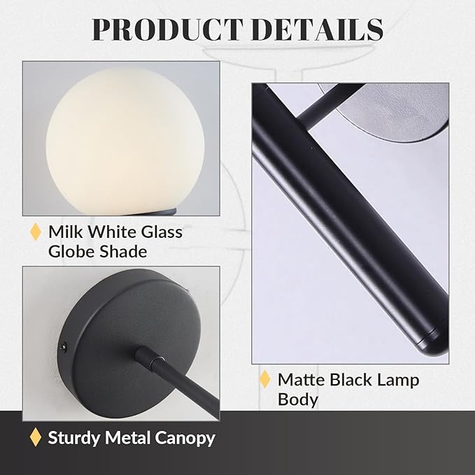 KCO Lighting Modern Wall Sconce Golden Mid Century Industrial Matte Globe Glass Wall Light for Bedroom Vanity Light (Black)