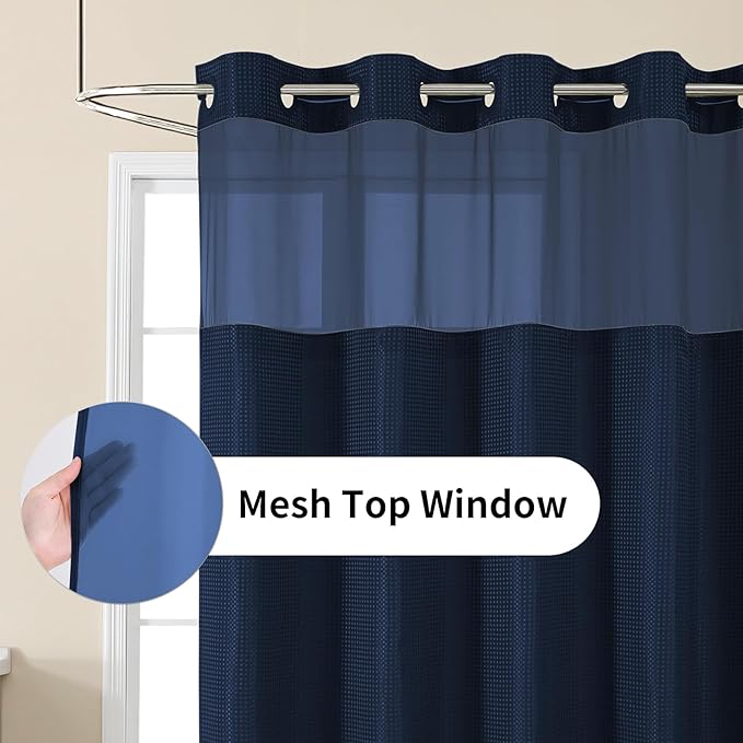 Colorful Star No Hook Shower Curtain with Snap in Fabric Liner, Waffle Weave Heavy Duty Thick Shower Curtains with Mesh Top Window, Hotel Style Waterproof Bathroom Curtain Set, 72 x 87 Inch, Navy Blue