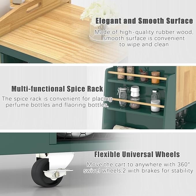NSdirect Kitchen Island Cart,Kitchen Bar&Serving Cart Rolling on Wheels with Spice Rack Towel Holder Utility Storage Trolley with Storage Drawers,Green