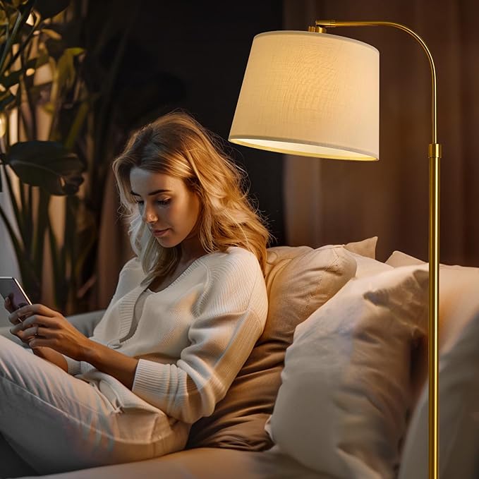 Oneach 62" Arc Floor Lamp for Living Rooms, Gold Tall Standing Lamps with Remote and Stepless Dimmable Bulb, Modern Reading Light for Bedrooms Corner Nursery Kid Office (Bulb Included)