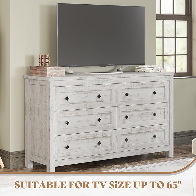 AMERLIFE 6 Drawer Dresser for Bedroom, 54" Wide Dresser TV Stand with Large Drawers, Farmhouse Wood Chest of Drawers with Vintage Grain Texture, Distressed White