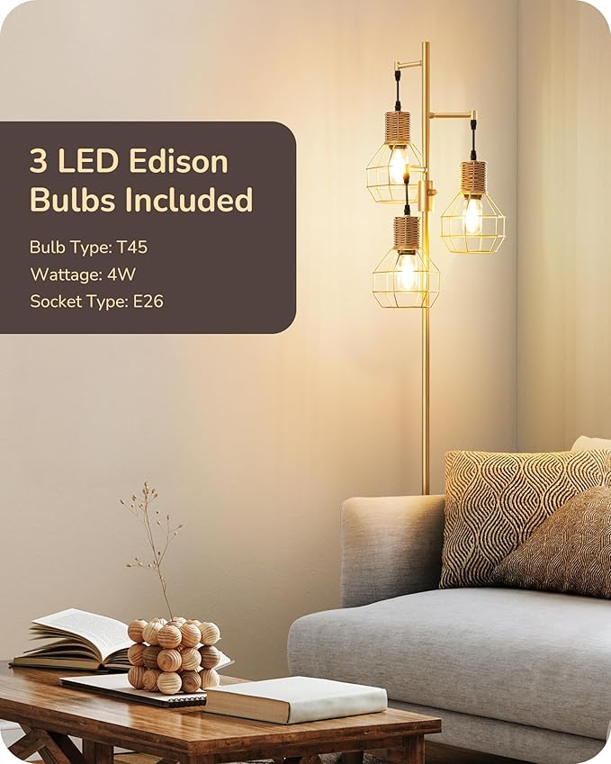 EDISHINE Dimmable Farmhouse Floor Lamp for Living Room, Industrial Standing Lamp with 3 LED Edison Bulbs, Corner Rustic Rattan Tall Tree Reading Lamps Home Decor for Bedroom, Office, Gold