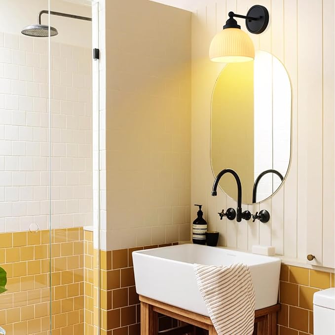 Vintage Wall Sconce 1-Light with White Striped Glass Globe Shade, Indoor Wall Mounted Lamp Fixture for Living Room Bedroom Kitchen Hallway