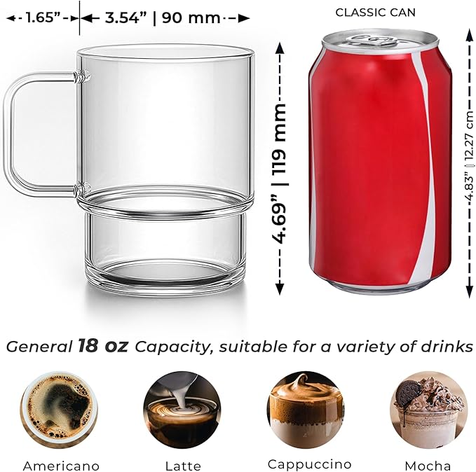 Aquach 18oz Stackable Glass Mugs with Handle, Set of 2 - Large Clear Coffee Cups for Latte, Cappuccino, Mocha, Americano, and Tea