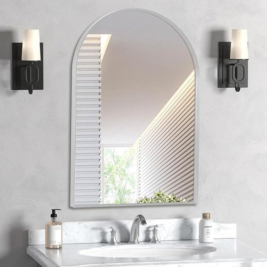 24" x 32" Silver Arched Mirror, Arch Wall Mirror, Metal Frame Black Bathroom Mirror, Arched Top Bathroom Vanity Mirror for Living Room, Bedroom, Entryway, Tempered Glass, Shatter Proof