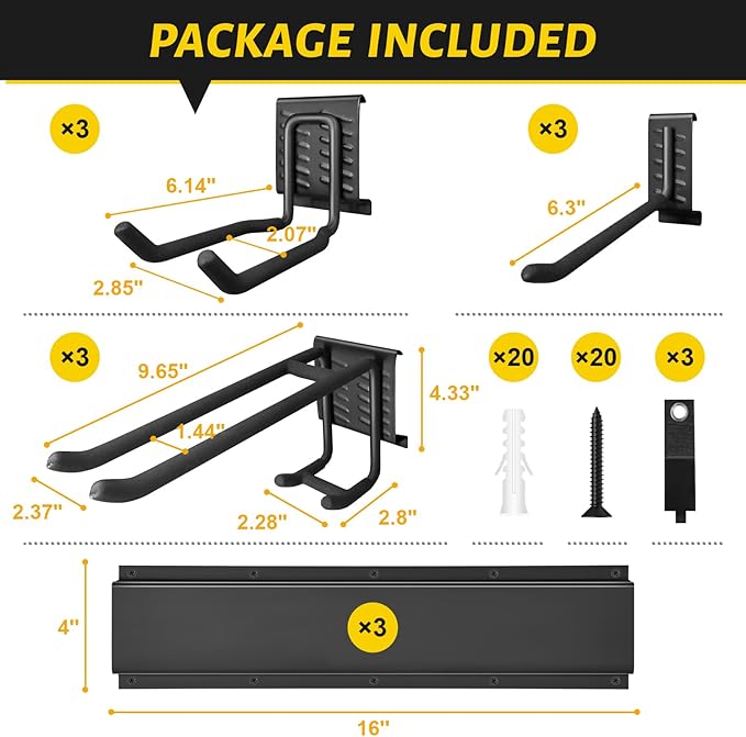 Garage Tool Organizer Wall Mount, 48 Inches Garden Tool Organizer with Adjustable Hooks, Metal Garage Storage Rack Max Loading 440lbs, Tool Holder for Hanging Rake Broom Mop Snowboard