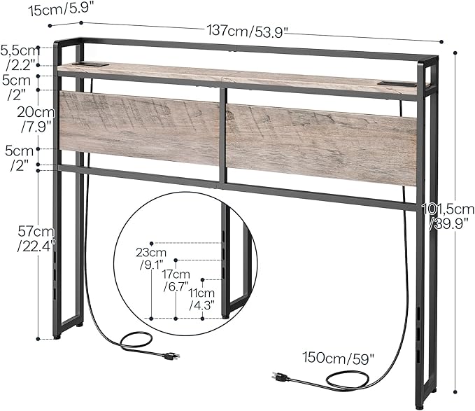HOOBRO Full Size Headboard, Headboard with 2 Outlets and 4 USB Ports, Adjustable Height, Storage Rack, Sturdy and Stable, Easy Assembly, Greige and Black