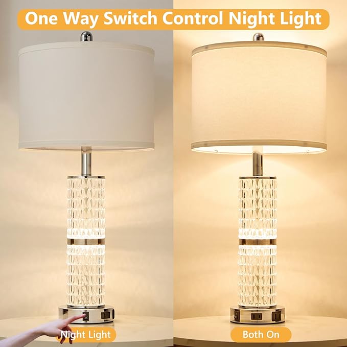 Crystal Table Lamp, Modern Touch Lamp with Nightlight, 3-Way Dimmable Bedroom Lamp with 2 USB Ports & AC Outlets for Living Room Bedside Nightstand Lamp