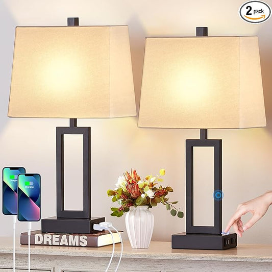 23.5" Touch Control Table Lamps Set of 2, Bedside Lamp with 2 USB Ports & AC Outlet, 3-Way Dimmable Nightstand Lamp with White Linen Shade for Living Room Bedroom End Table Office(2 LED Bulb Included)
