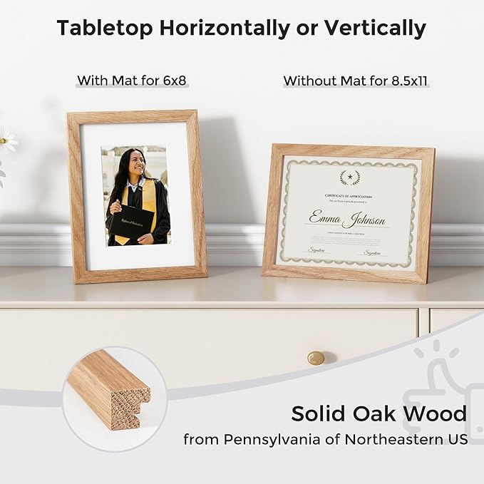 Axeman Diploma Frame For 8.5x11 Certificate Document | Solid Oak Wood 8.5 By 11 Picture With Mat For 6x8 | 8 1/2 x 11 Certificate Frame | Plexiglass And Hanging Hardware Included | Natural, 3 PCs
