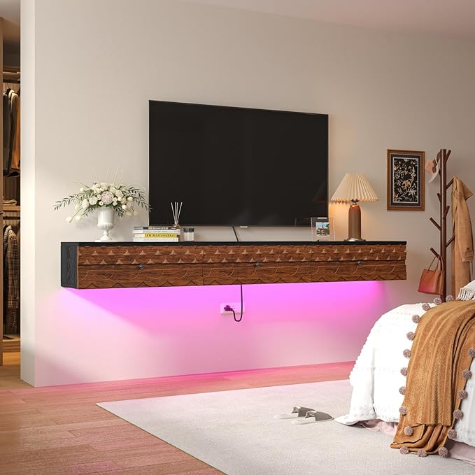 Fully-Assembled Floating TV Stand, Vintage Carved Floating Entertainment Center with Flip-Down Doors & Drawer, Walnut Wood Media Console Shelf Cabinet Under TV Storage for Living Room, 47IN