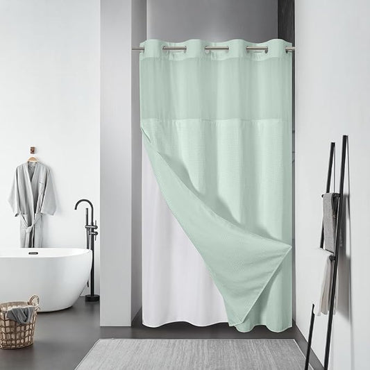MintGreen No Hook Waffle Weave Shower Curtain with snap-in Liner Replacement, 230GSM Waterproof Fabric Hotel Shower Curtain Set for Bathroom, Through Mesh Top Window,54Wx80H