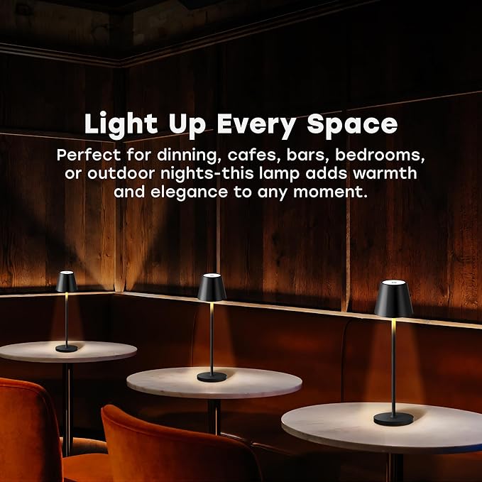 2 Pack Cordless Table Lamp,Portable LED Desk Lamp, 5200mAh Battery Operated, 3 Color Stepless Dimming Up, for Restaurant, Bedroom, Bars, Outdoor Party, Camping, Coffee Shop Night Light Black