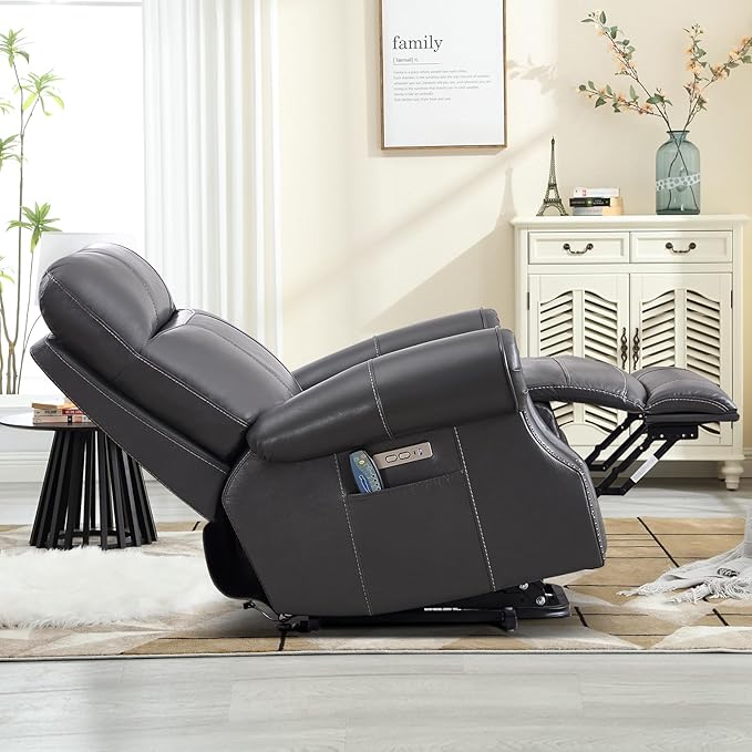 Phoenix Home Genuine Leather Power Lift Recliner Chair for Elderly with Massage and Heating, Electric Recliner for Seniors with Extended Footrest, Type-C and USB Port, Side Pocket, Grey