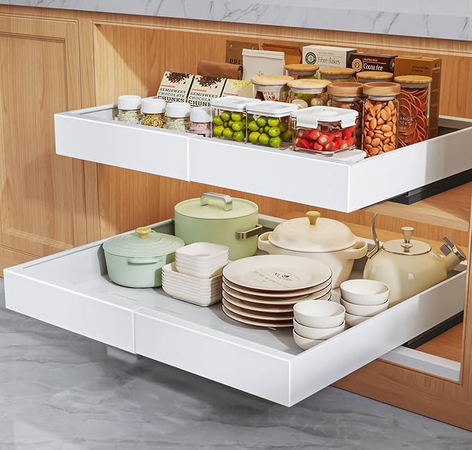 2 Pack Pull Out Cabinet Organizers 16.5" Deep With Raising Pad for Framed Cabinets,Expandable Slide Out Drawers Upgrade 3 Slide Rails,Roll Out Shelves,Adjustable Width 12.1"-20.45" White