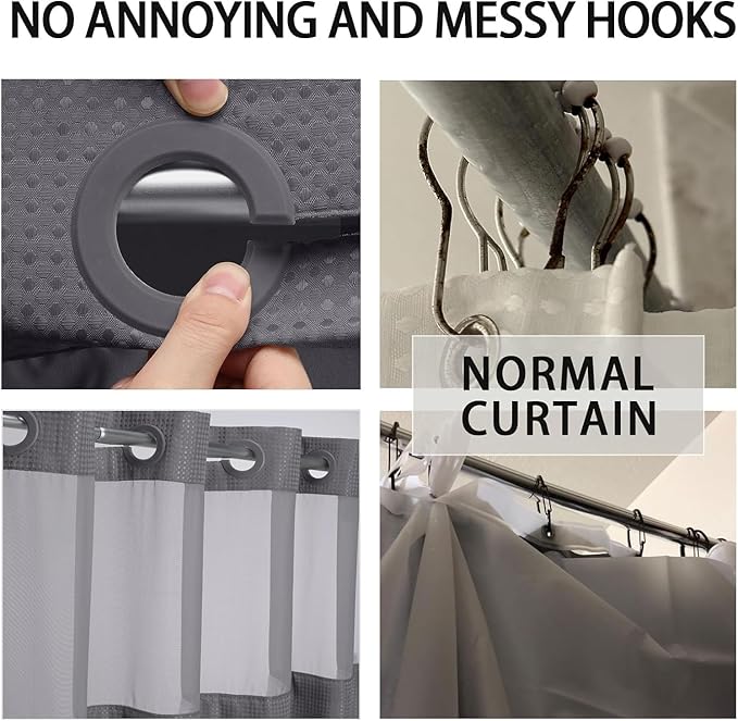 YellyHommy No Hook Shower Curtain with Snap in Liner Set Less Waffle Shower Curtain for Bathroom (Dark Grey, 81" L x 72" W)