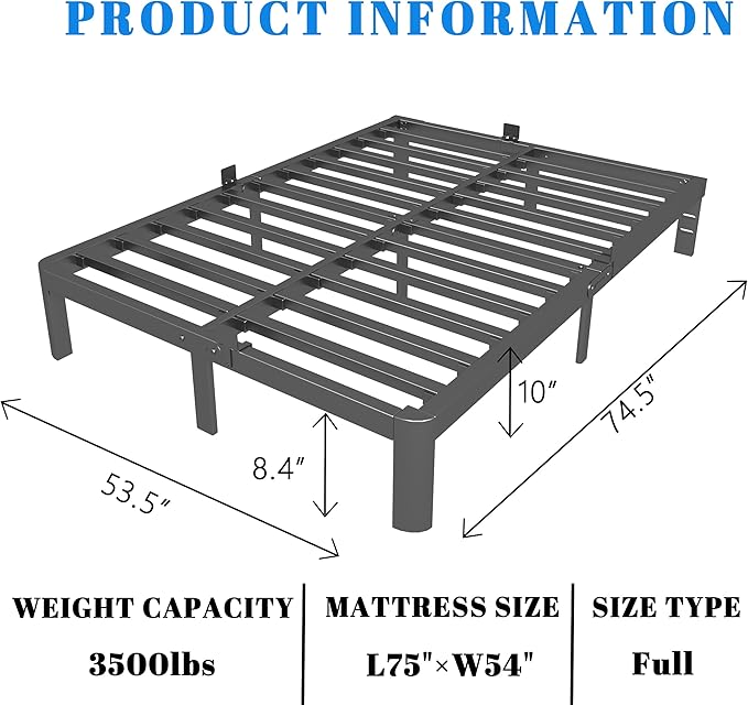 10 Inch Full Size Bed Frame, Black Bed Frame Full with Metal Gaskets, No Box Spring Needed, Rounded Corner Design, Heavy Duty Steel Platform Support, Reserved Holes, Storage Space, Noiseless