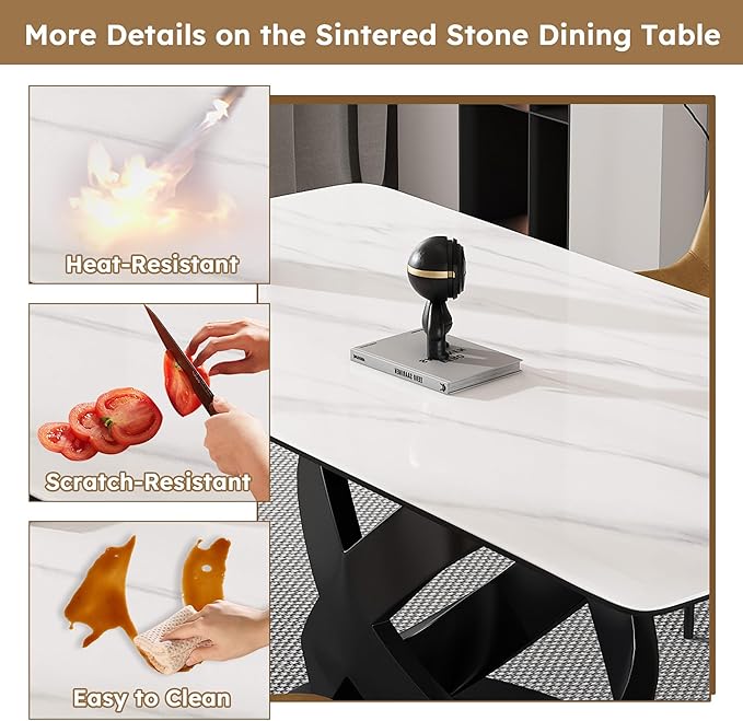 71" Modern Marble Dining Table, Sintered Stone Top for Kitchen, Dining Room, Dinette, Space Saving Design