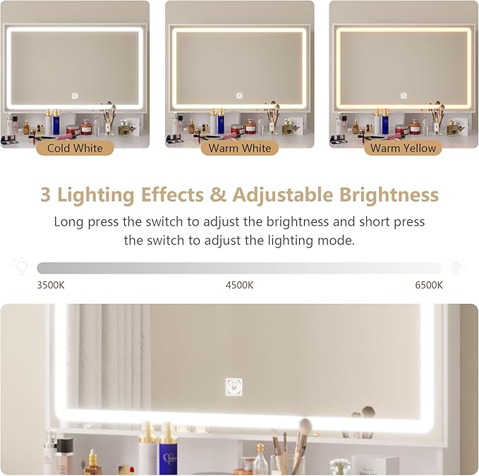 Vanity Desk with Mirror and Lights, 31.5" Makeup Vanity with Sliding Mirror and 3 Light Modes, Modern Vanity Table with 5 Drawers, Hidden and Open Storage Shelves, Makeup Desk for Bedroom, White