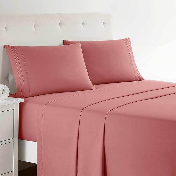 Clara Clark Bed Sheets, Premier 1800 Series Bed Sheet Set, Deep Pocket, Wrinkle, Fade, Stain Resistant, Luxury Soft Bedding Sheets & Pillowcases, Twin, Pink Clay