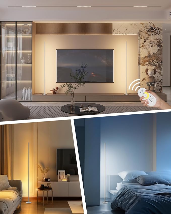 TACAHE Minimalist Corner Floor Lamp - 2700K-6500K Dimmable LED Night Light - Modern Standing Mood Lamp with Remote Control for Living Room, Bedroom - 57" 12W - Silver - 1Pack