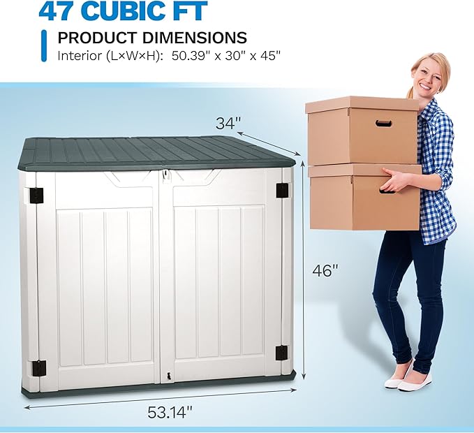 47 Cu ft Outdoor Storage Shed, Resin Outdoor Storage Box for Patio Yard Weatherproof Outdoor Storage Cabinet for Tools Pool Supplies - Lockable Deck Boxes Outdoor Waterproof(Creamy White)