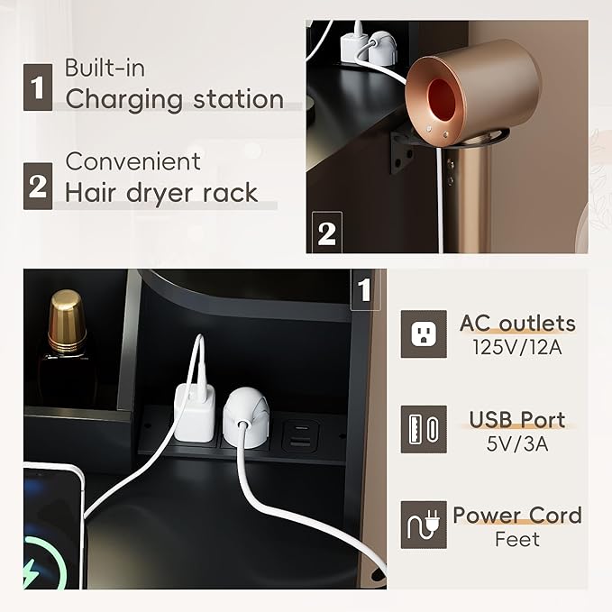 YESHOMY Vanity Desk with Large Lighted Mirror, Power Outlet and 11 Lights, Makeup Table with 7 Drawers and 3 Desktup Storage Units, 3 Color Modes Available for Bedroom, Black