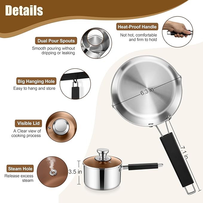 E-far 2 Quart Sauce Pan with Lid, Stainless Steel Tri-Ply All Clad Small Cooking Pot with Pour Spout, Multipurpose Induction Saucepan & Stay-Cool Handle, Compatible with All Cooktops, Dishwasher Safe