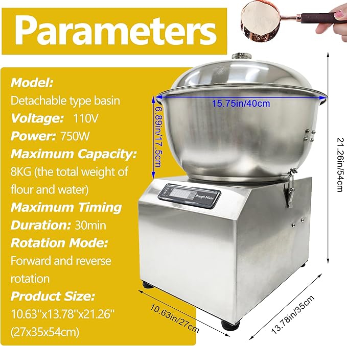 Stainless Steel Dough Mixer Machine Detachable Basin Type Dough Mixing Machine 8KG Capacity 110V Bidirectional Rotation Flour Mixer with Timing Function Suitable for Household Commercial Use