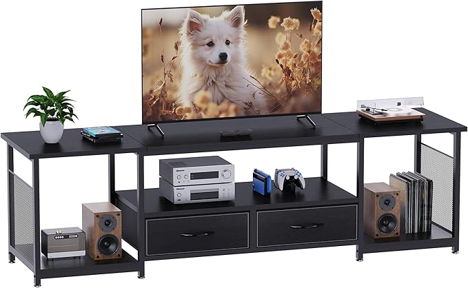TV Stand with Drawers and Open Storage Shelves for 75 70 65 Inch TV, Entertainment Center with Open Storage Shelves, Industrial Media TV Console Table for Living Room Bedroom Office, Black