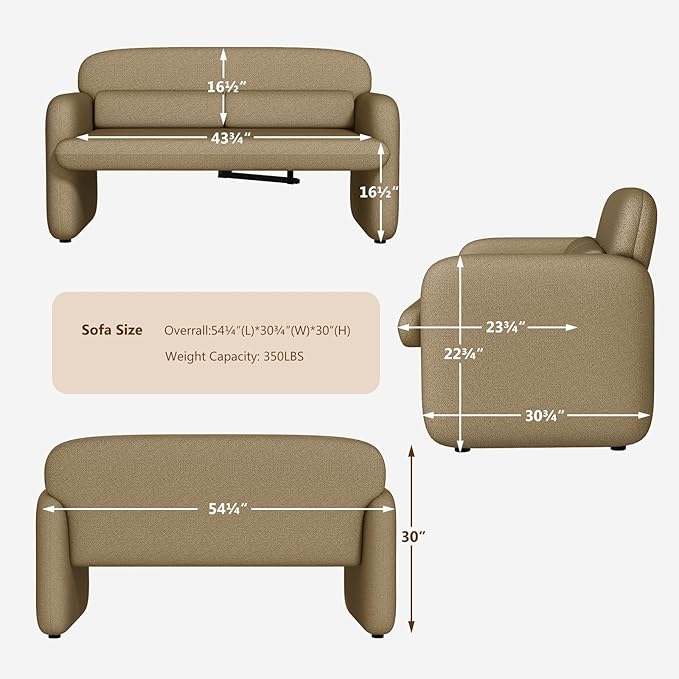 Furnimart Modern Loveseat Sofa, 54" 2-Seater Boucle Sofa, Comfy Upholstered Minimalist Couch, Small Couches for Small Spaces, Apartment, Office, Living Room, Bedroom, Dorm, Chenille Brown