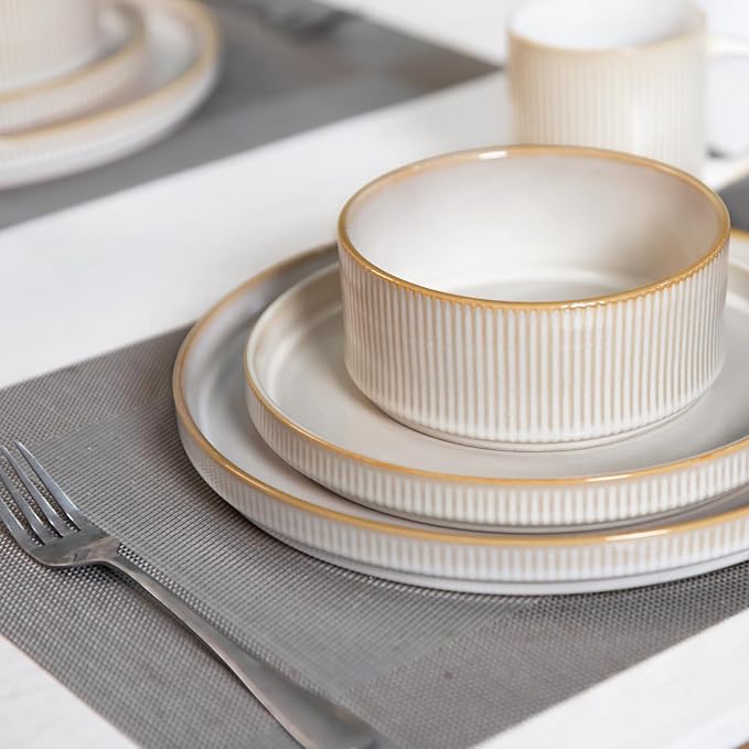 Romswi Dinnerware Set for 4, 16Pcs Stoneware Plates and Bowls Sets with Mugs, Chip & Scratch Resistant Dish Set, Handmade Reactive Glaze Plate Set, Oven,Microwave and Dishwasher Safe, Cappuccino White