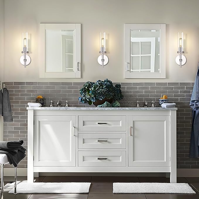 Knurled Wall Sconces Set of Two, Nickel Wall Sconce Lights, 14" Bathroom Wall Sconces, Glass Linear Sconce Wall Lighting, Vanity Lights Bathroom Light Fixture Wall Lights for Living Room, Hallway